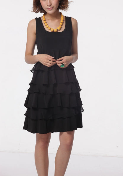 black knitted chiffon sleeveless vest A-line mini dress