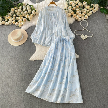 Summer Embroidered Floral Round Neck Pleated Long Sleeve Shirt Two-Piece Set