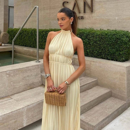 Backless tie-waist pleated long dress