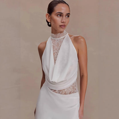 white halterneck lace spliced hip mini dress