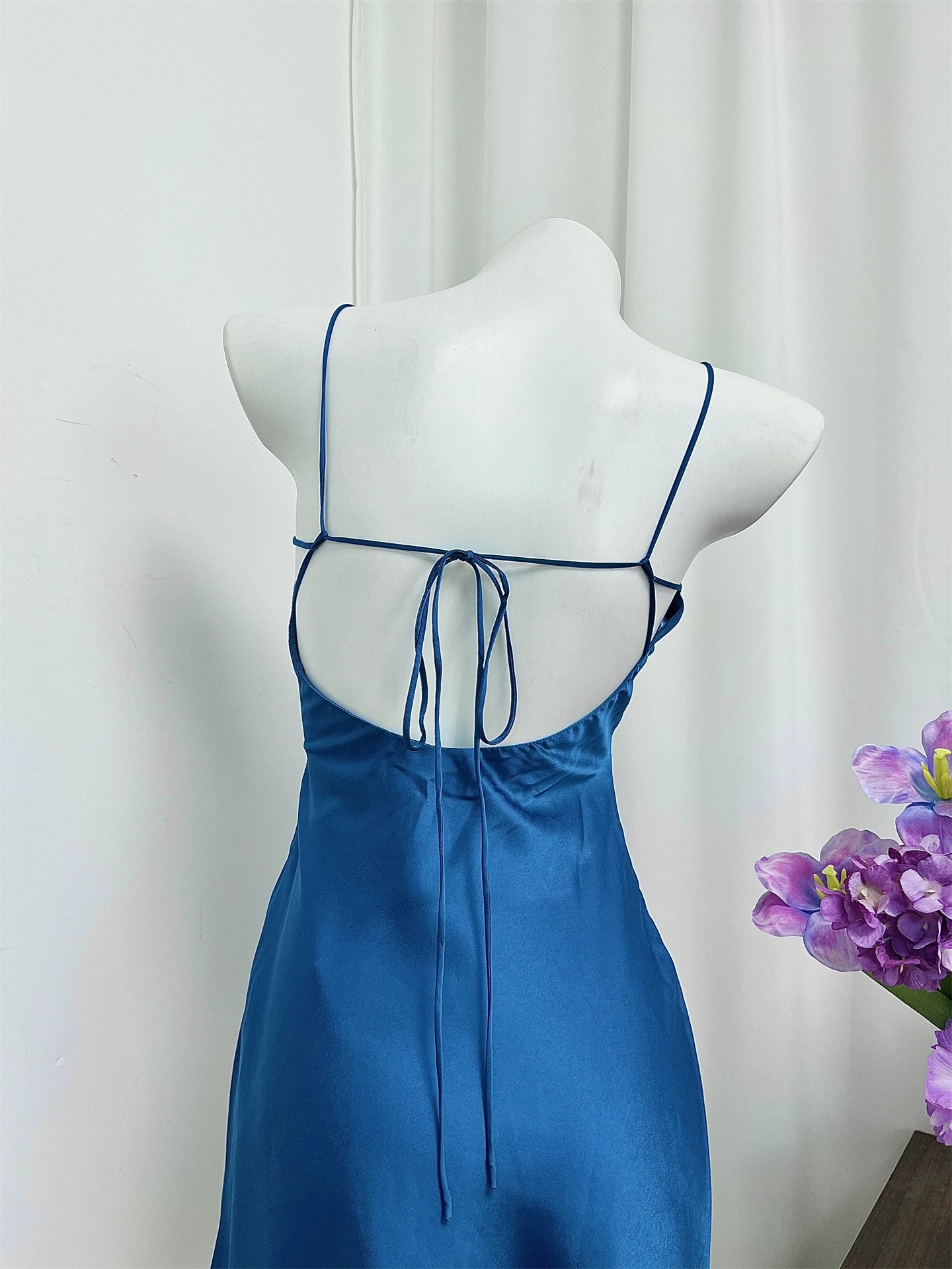 Blue Back Tie Rope Slip mini Dress