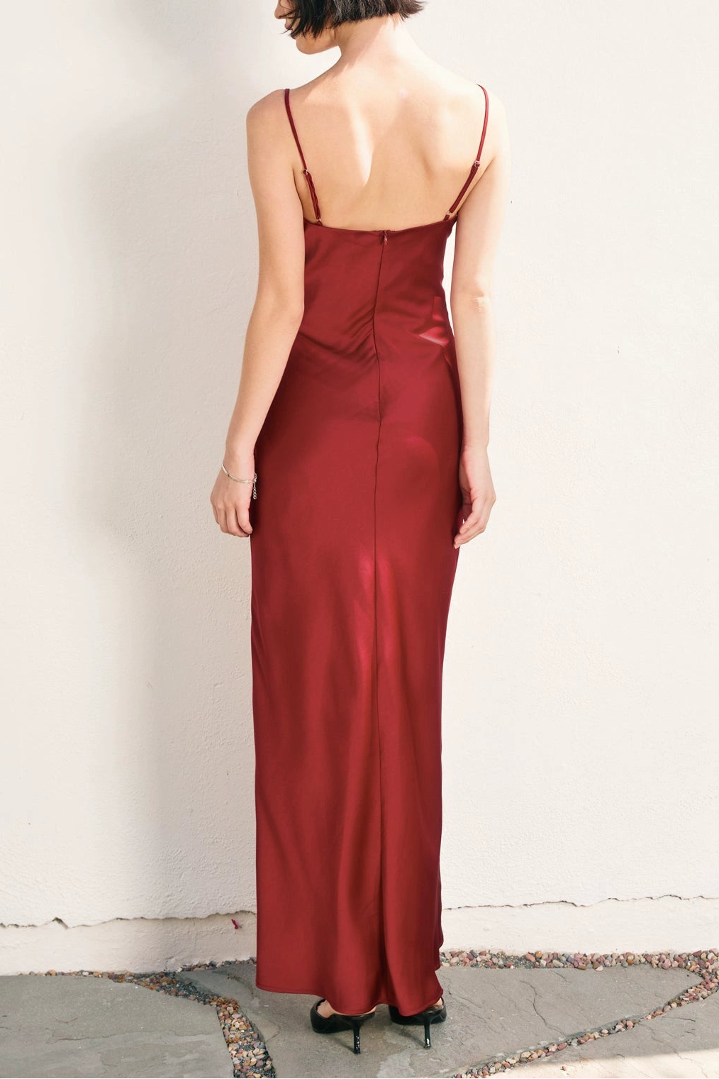 wine red satin slip maxi dress