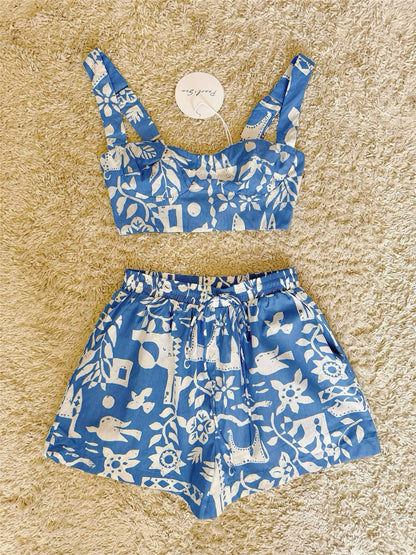 graffiti hand-painted pattern camisole shorts all-cotton two-piece set