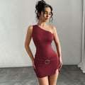 red Asymmetrical neckline mini dress