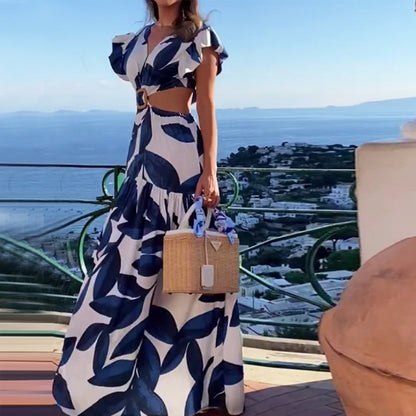blue Printed V-Neck Ruffled Sleeve Cutout Dress