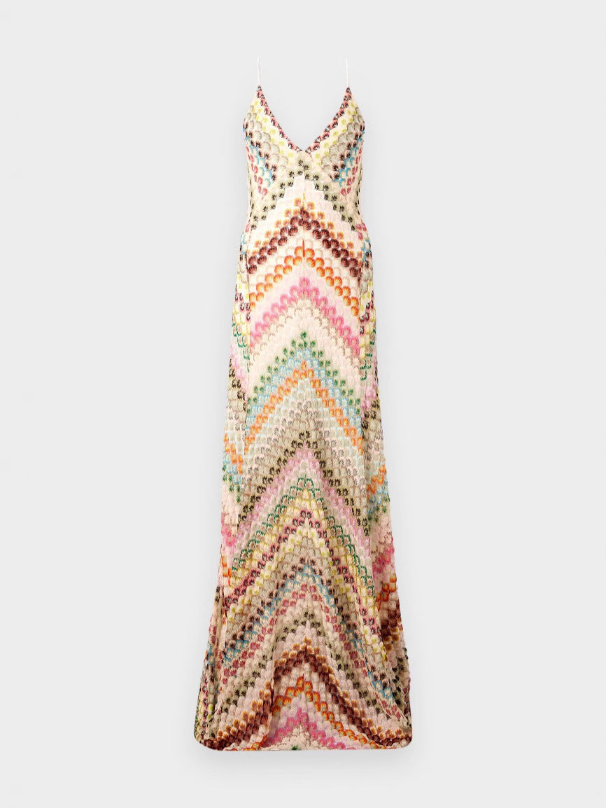 Chevron Rainbow Crochet Cross-Back Spaghetti Strap Maxi Dress