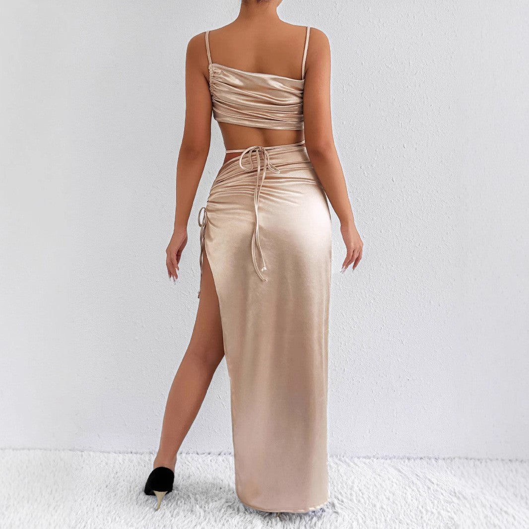 Pleated off-shoulder backless high-slit dress