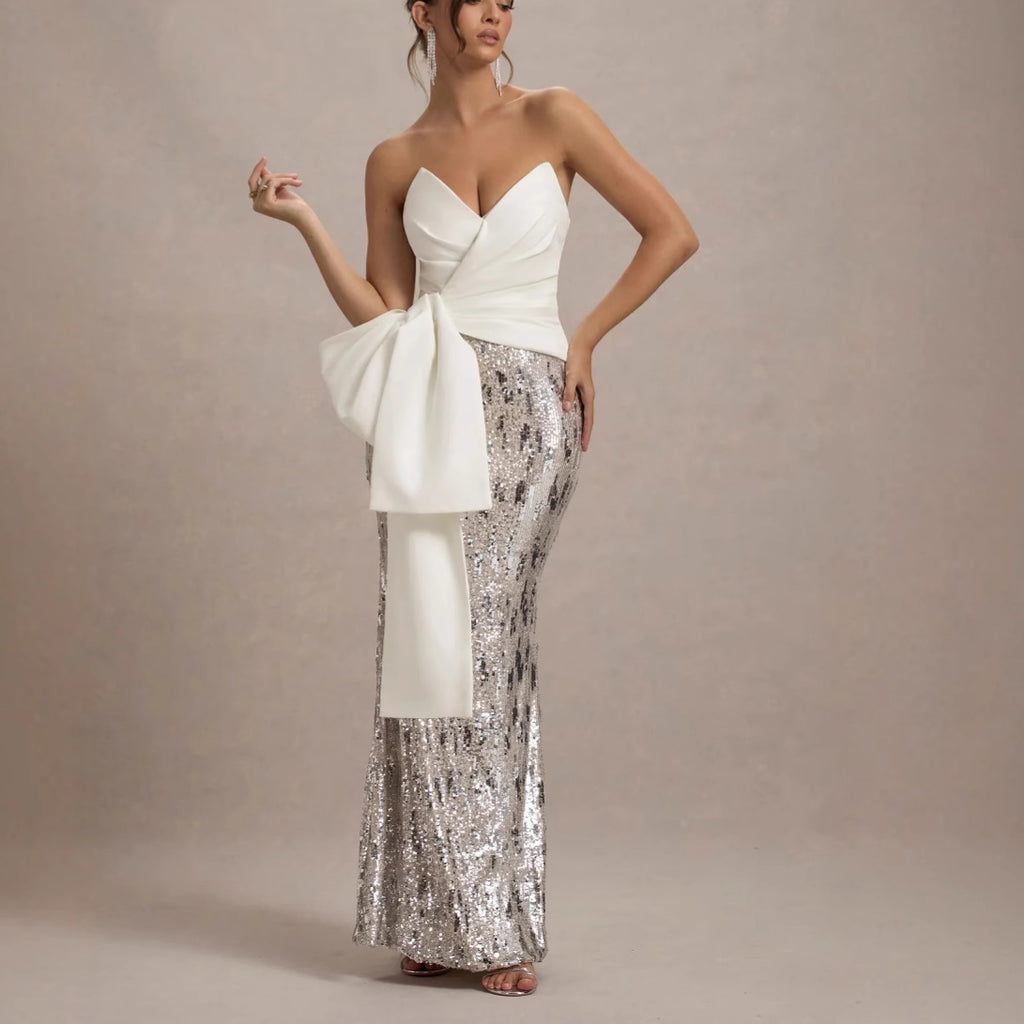 whtie V-neck strapless maxi dress