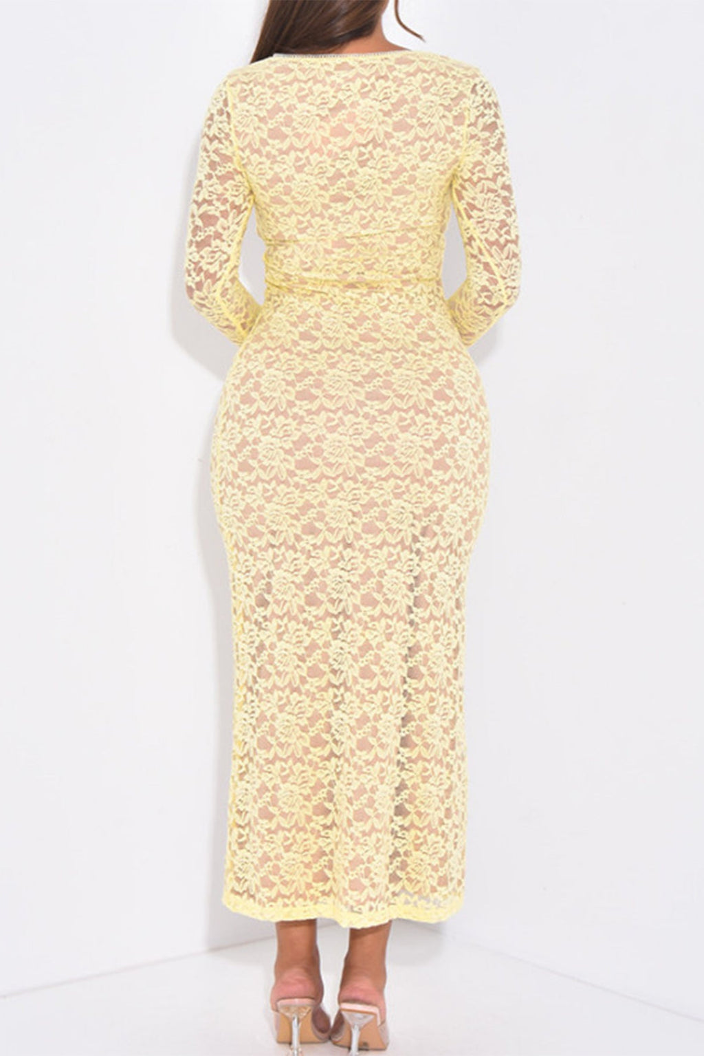 yellow Lace Cutout Long Sleeve maxi Dress