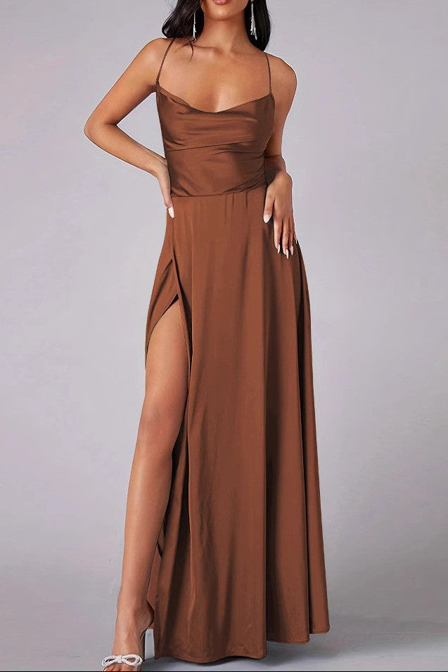 brown Slit-front fitted backless slip dress