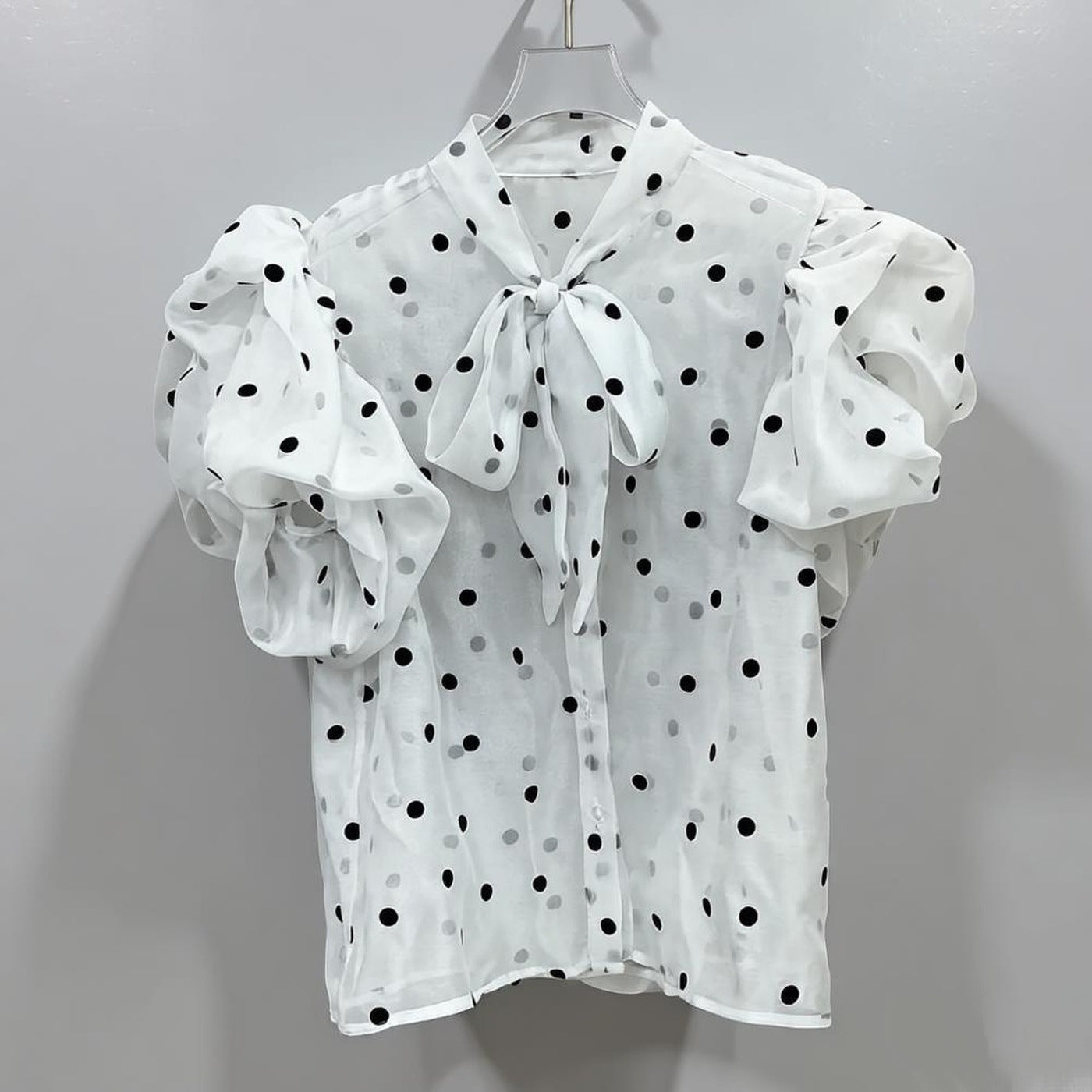 3D bow-tie puff sleeve polka dot sheer shirt