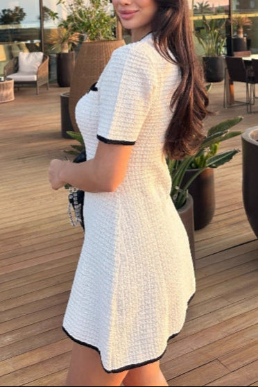 white knitted short-sleeved button-down  mini dress