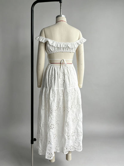 Ruffled square neck embroidered backless slit maxi dress - white
