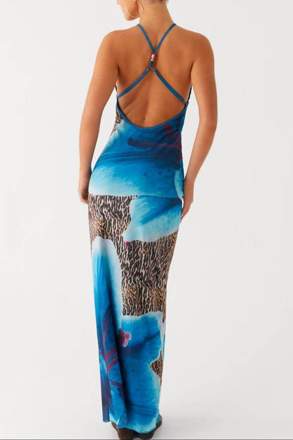 Blue Leopard Print Slingback Slingback Slip Dress