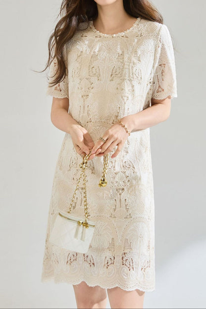 lace openwork embroidery mini dress - beige