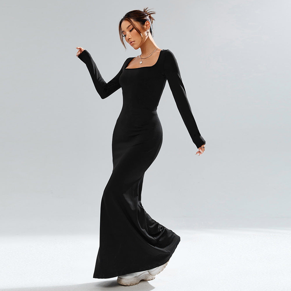 black Square neck knit long-sleeved bodycon maxi dress