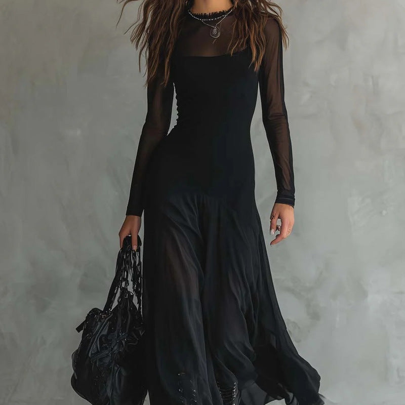black Lace Splicing Slim maxi Dress