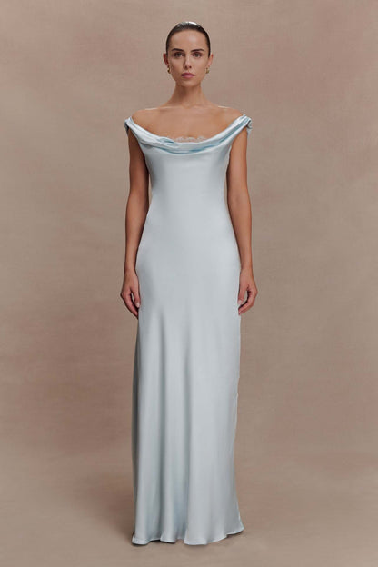 blue  satin swinging collar  lace dress