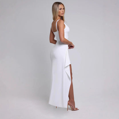 white High-slit deep V-neck slip dress