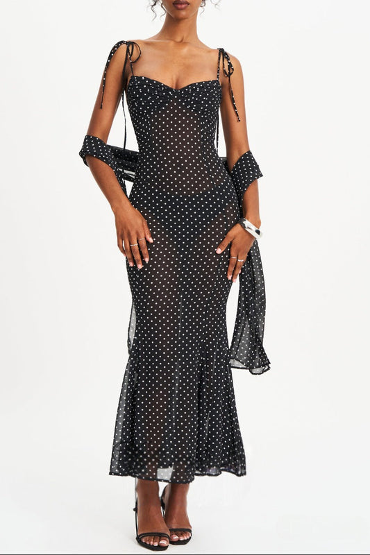 black suspender scarf decorated with polka dot print backless dress