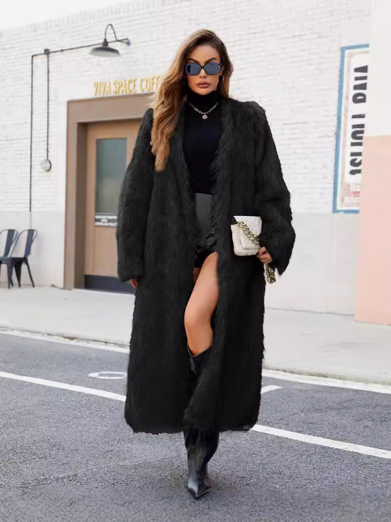 verna V-neck long imitation fur coat