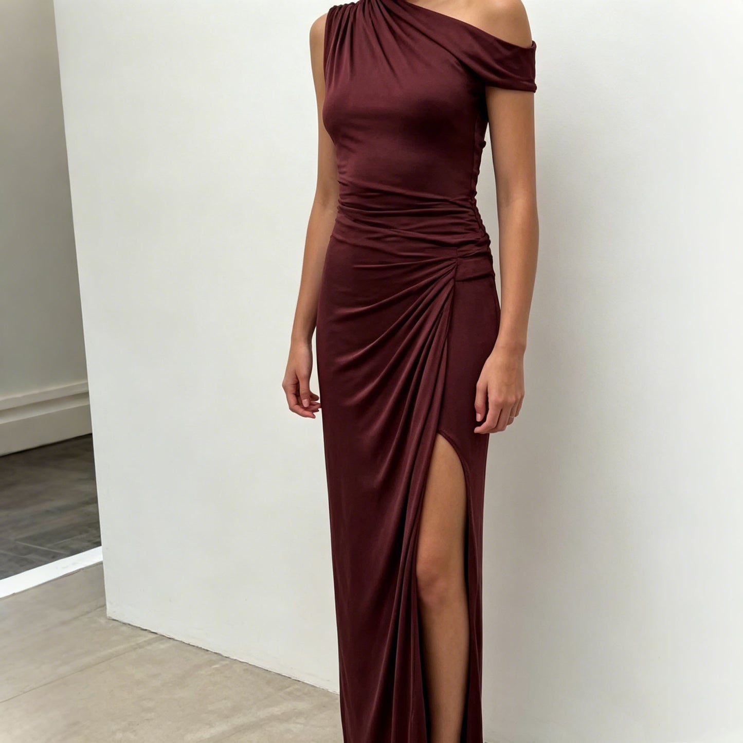 Pleated High Slit Slanted Shoulder Dress