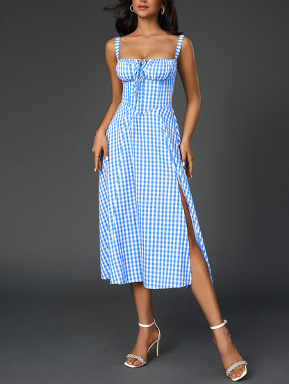 blue plaid herringbone slip slit backless chest tie long dress