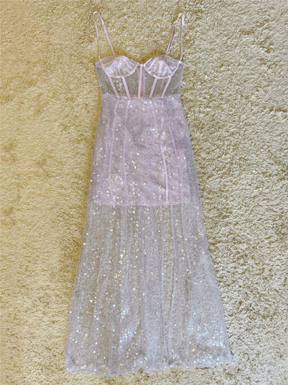Lavender Sequin Corset Maxi Dress