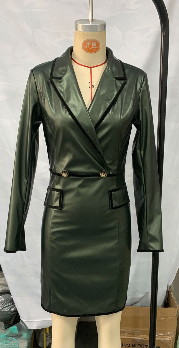 Green Lapel Long Sleeve Dress