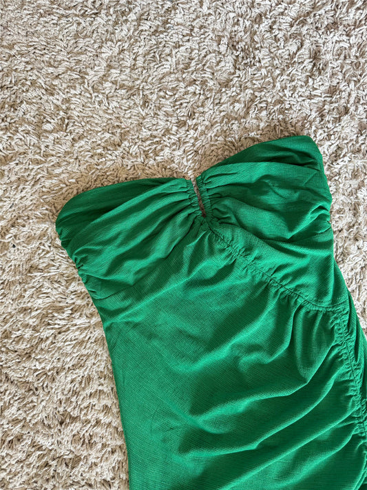Strapless Front Keyhole Ruched Side Slit Midi Bodycon Dress