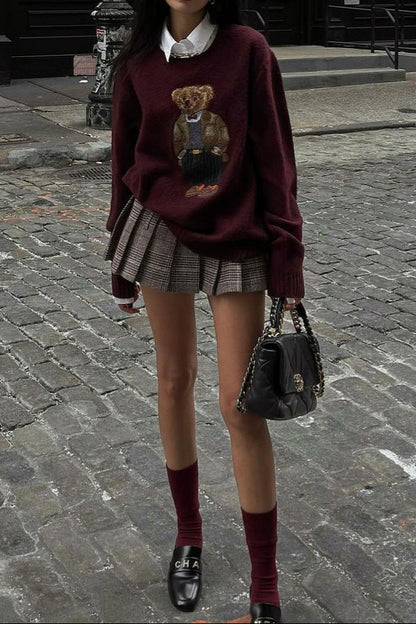 Burgundy retro bear embroidery loose pullover sweater