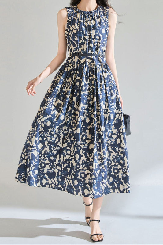 Hepburn-style sleeveless midi dress with oil painting print - blue