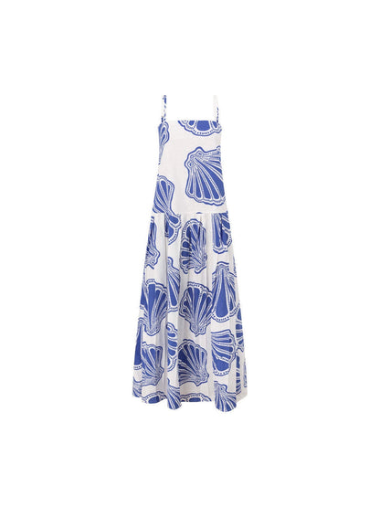 Linen print resort maxi dress - blue/white