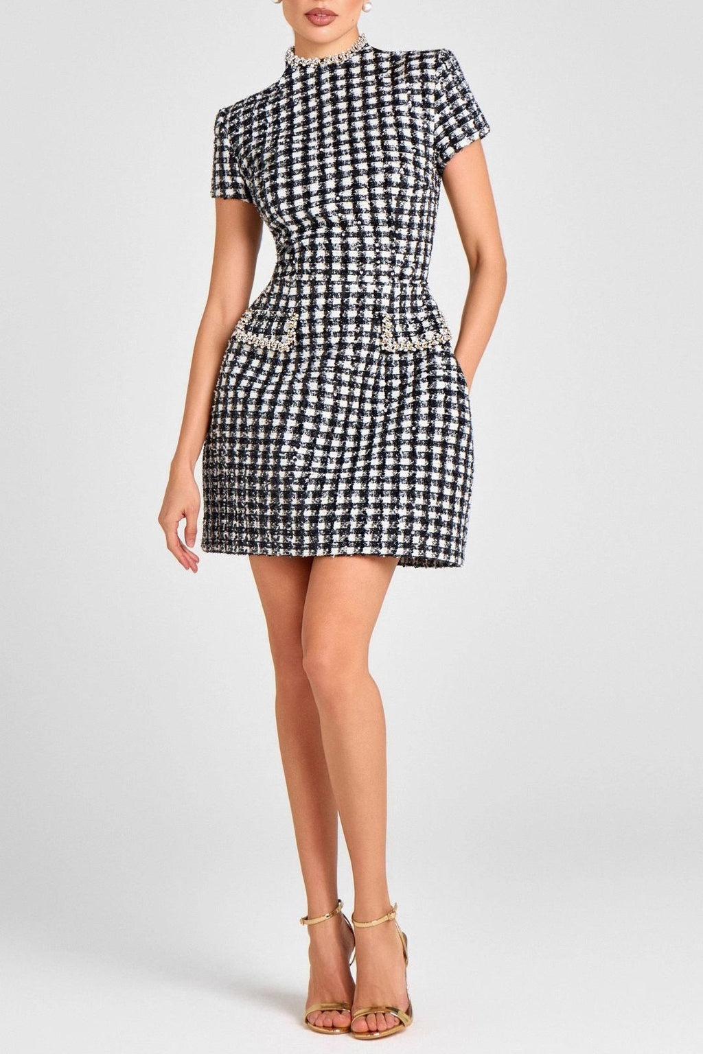 black round neck nail bead plaid mini dress