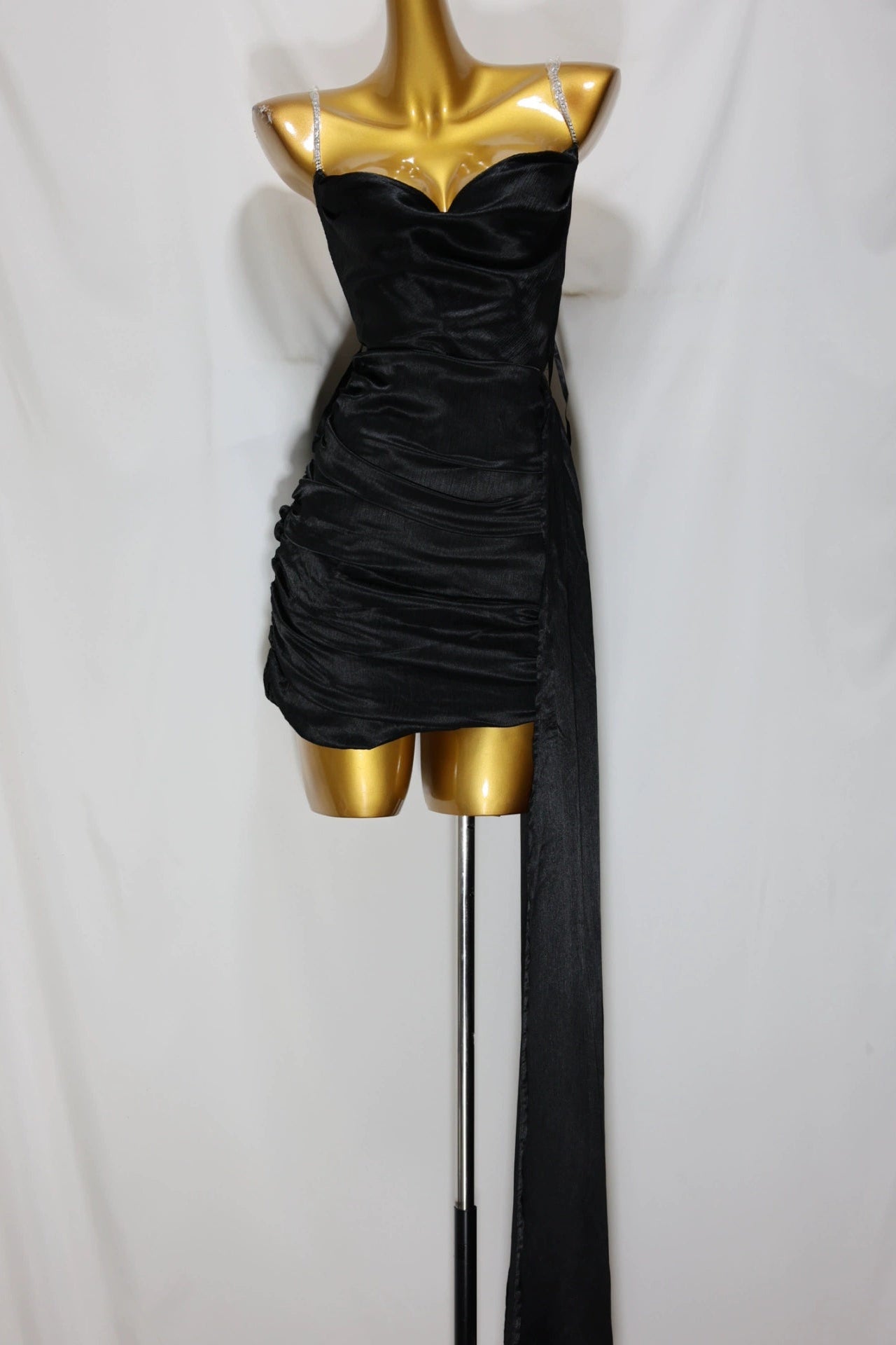 black suspender satin mini dress