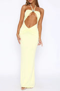 Yellow halter neck long dress with large hollow