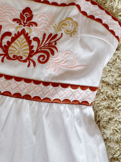 Bohemian exquisite embroidered bow lace-up cotton slip dress