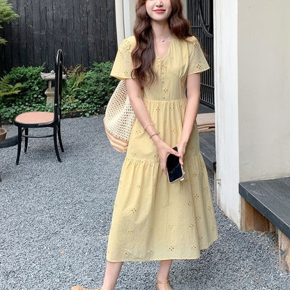 v-neck openwork floral embroidered midi dress - Yellow