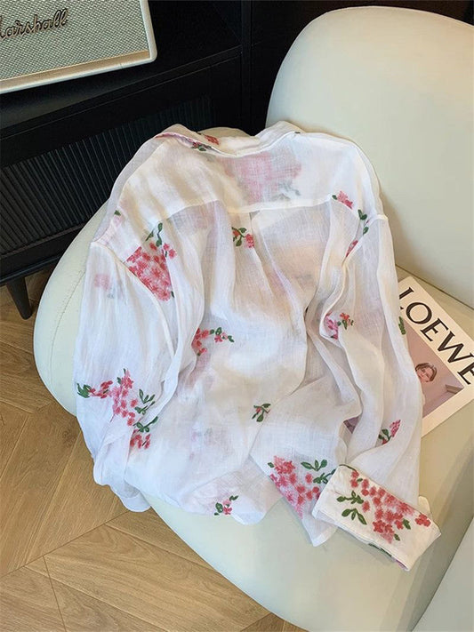 French-style floral print polo collar linen shirt