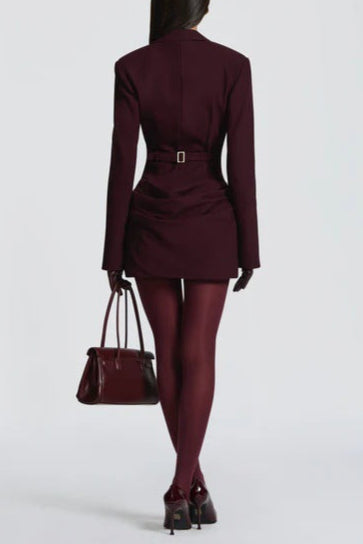 red deep V long sleeve mini dress
