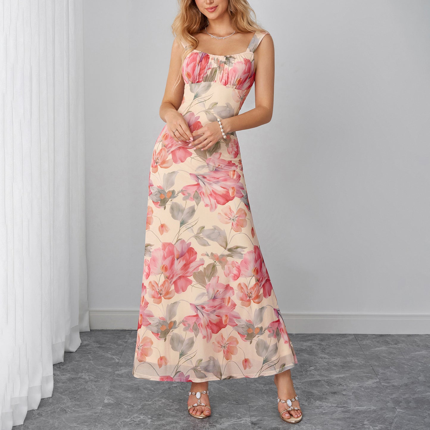 pink mesh print slip backless dress