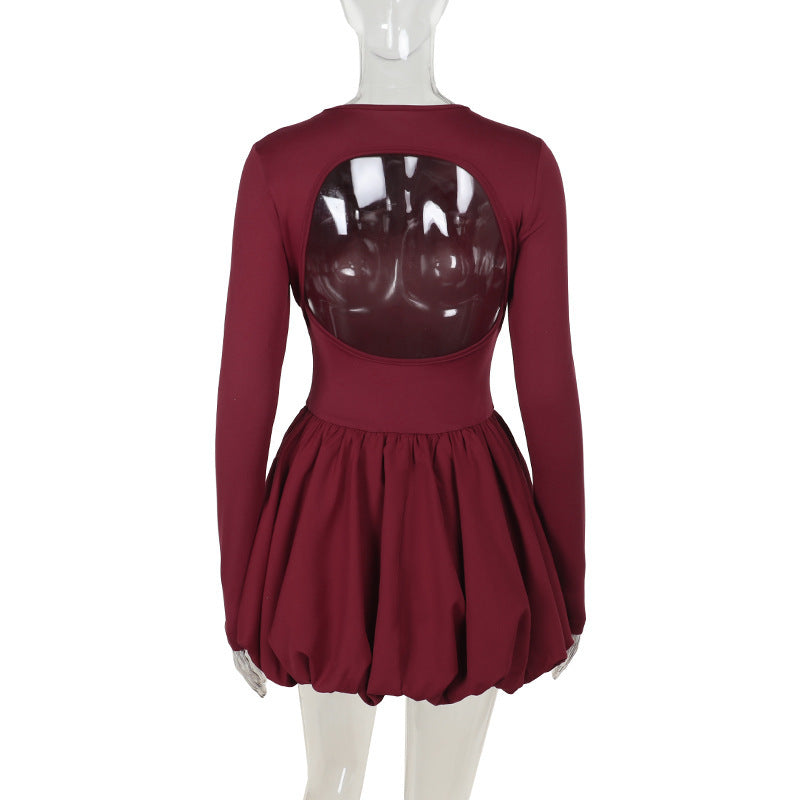 red Flower bud backless long-sleeved mini dress