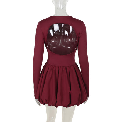 red Flower bud backless long-sleeved mini dress