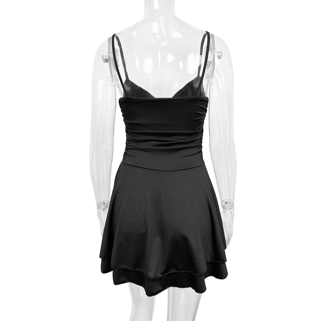 black Deep V-neck backless pleated bodycon mini dress