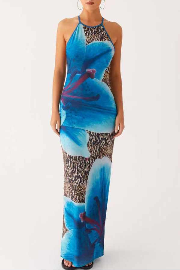Blue Leopard Print Slingback Slingback Slip Dress