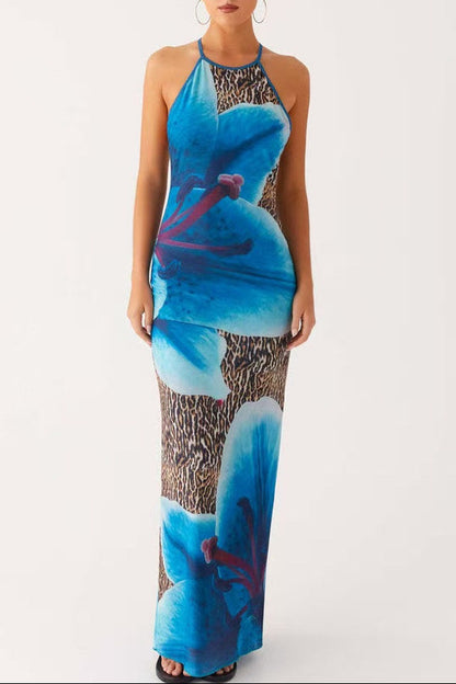 Blue Leopard Print Slingback Slingback Slip Dress