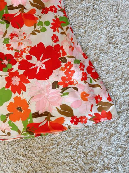 orange satin floral slip dress