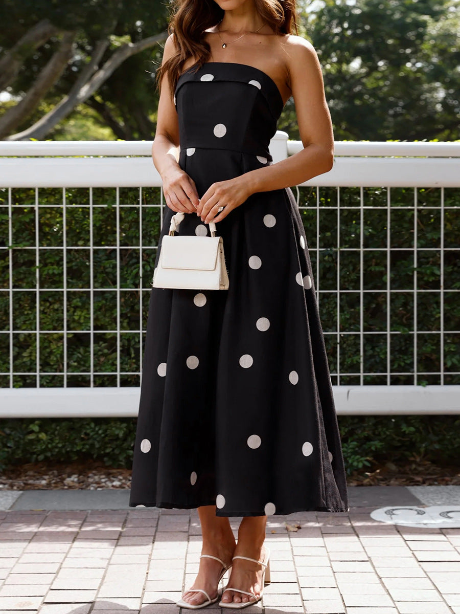 black polka dot bandeau midi dress