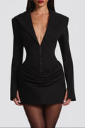 black deep V long sleeve mini dress