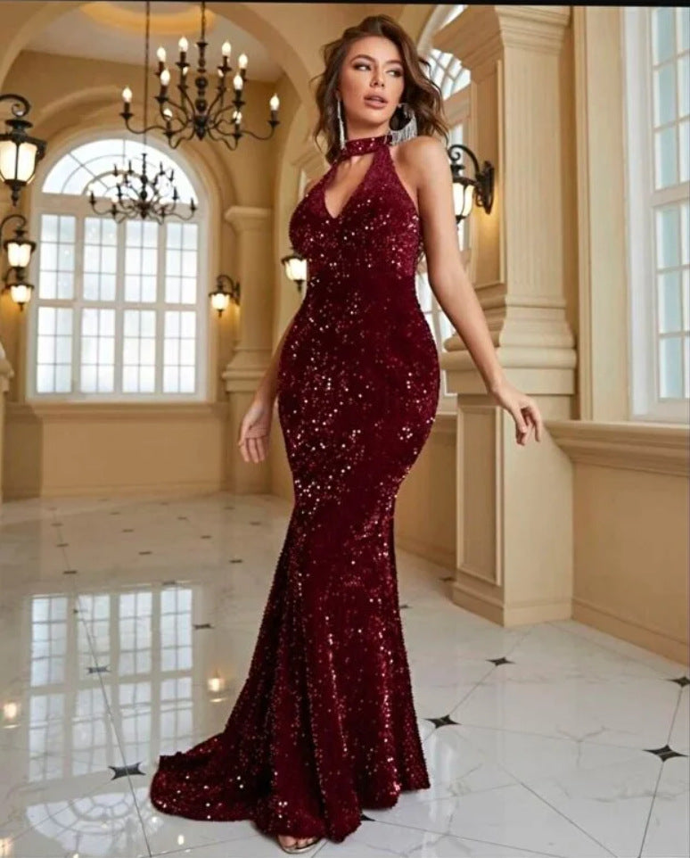 red wine suspender sequin fishtail dress